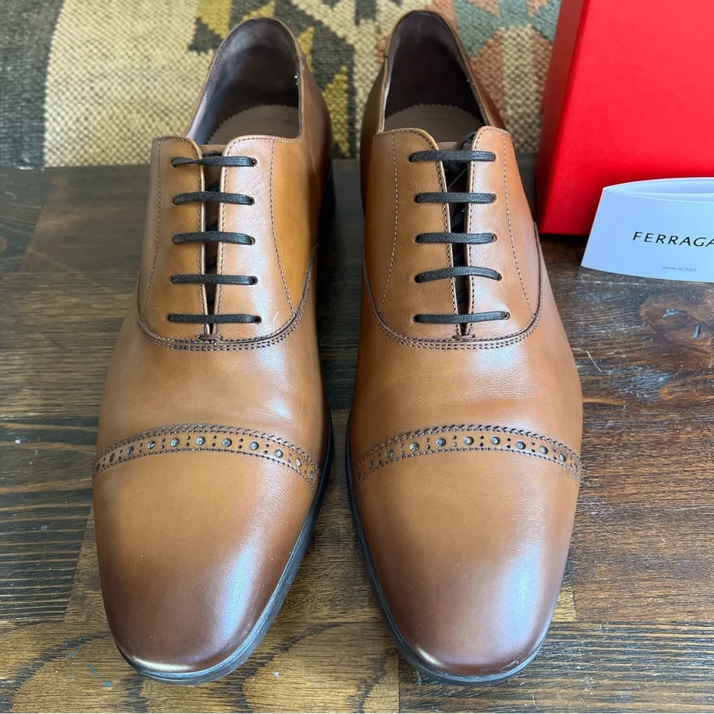Salvatore Ferragamo Boston Brogue Burnished Leather Cap-Toe Oxfords 10.5 E